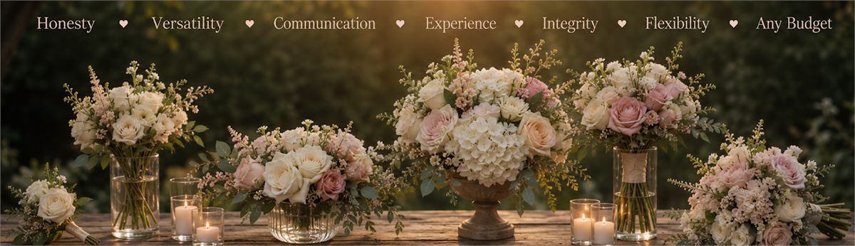 Banner reading Honesty, Versatility, Communication, Experience, Integrity, Flexibility, Any Budget, shown over a row of blush and cream centerpieces