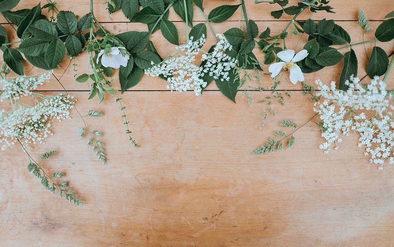 White blossoms and green leaves arranged along the top of a pale wooden surface